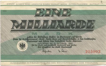 Dortmund und Hörde - Städte und Kreise - 15.10.1923 - 1 Milliarde Mark 