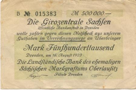 Dresden - Landständische Bank des ehemaligen sächsischen Markgraftums Oberlausitz, Filiale Dresden - 16.8.1923 - 500000 Mark 