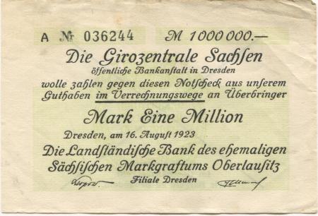 Dresden - Landständische Bank des ehemaligen sächsischen Markgraftums Oberlausitz, Filiale Dresden - 16.8.1923 - 1 Million Mark 