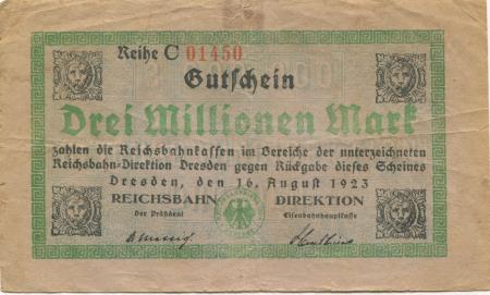 Dresden - Reichsbahn-Direktion - 16.8.1923 - 3 Millionen Mark 