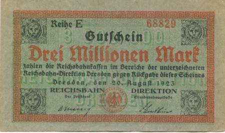 Dresden - Reichsbahn-Direktion - 20.8.1923 - 3 Millionen Mark 