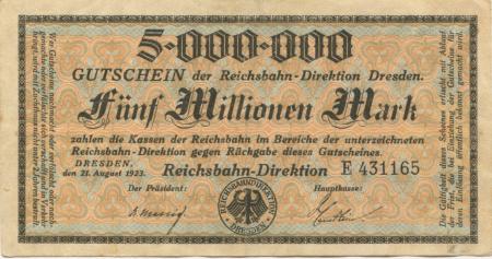 Dresden - Reichsbahn-Direktion - 21.8.1923 - 5 Millionen Mark 