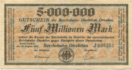 Dresden - Reichsbahn-Direktion - 21.8.1923 - 5 Millionen Mark 