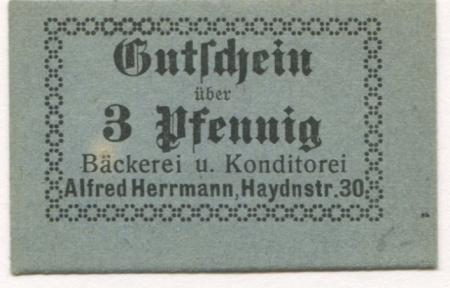 Dresden-Altstadt - Herrmann, Alfred, Bäckerei und Konditorei, Haydnstr. 30 - -- - 3 Pfennig 