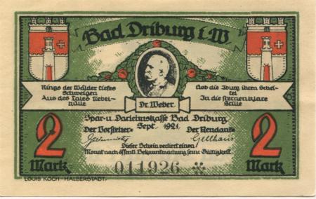 Driburg (Bad) - Spar- und Darlehnskasse - September 1921 - 2 Mark 