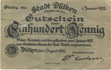 Dülken (heute: Viersen) - Stadt - 1.8.1920 - 1.1.1922 - 100 Pfennig 