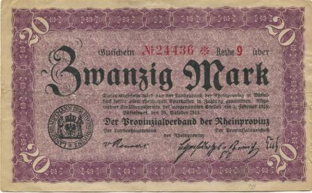 Düsseldorf - Provinzialverband der Rheinprovinz - 20.10.1918 - 1.2.1919 - 20 Mark 