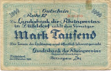 Düsseldorf - Landesbank der Rheinprovinz - 2.10.1922 - 1000 Mark 