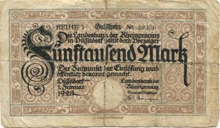 Düsseldorf - Landesbank der Rheinprovinz - 1.2.1923 - 5000 Mark 