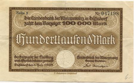 Düsseldorf - Landesbank der Rheinprovinz - 1.7.1923 - 100000 Mark 