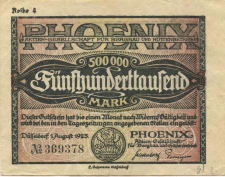 Düsseldorf - Phoenix AG für Bergbau und Hüttenbetrieb - 1.8.1923 - 500000 Mark 