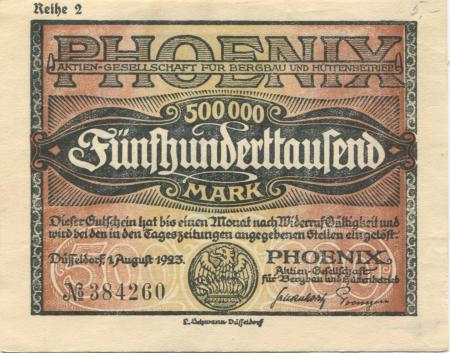 Düsseldorf - Phoenix AG für Bergbau und Hüttenbetrieb - 1.8.1923 - 500000 Mark 