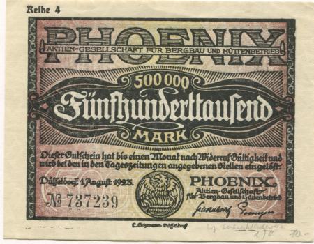 Düsseldorf - Phoenix AG für Bergbau und Hüttenbetrieb - 1.8.1923 - 500000 Mark 