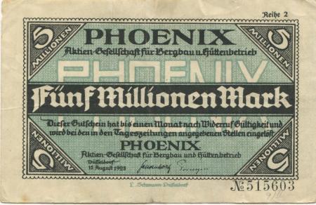 Düsseldorf - Phoenix AG für Bergbau und Hüttenbetrieb - 15.8.1923 - 5 Millionen Mark 