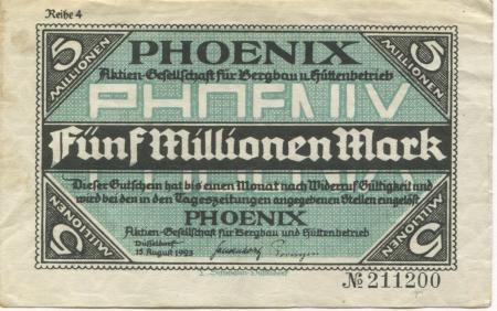 Düsseldorf - Phoenix AG für Bergbau und Hüttenbetrieb - 15.8.1923 - 5 Millionen Mark 