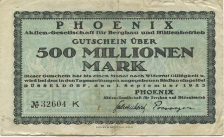 Düsseldorf - Phoenix AG für Bergbau und Hüttenbetrieb - 1.9.1923 - 500 Millionen Mark 
