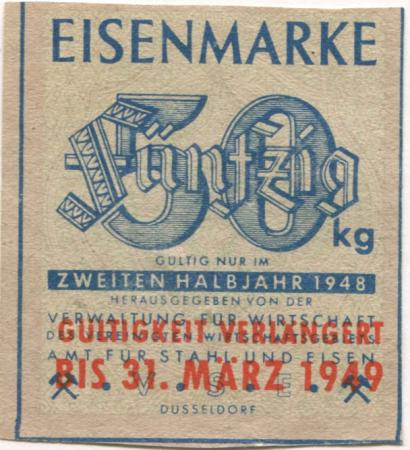 Düsseldorf - Verwaltung für Wirtschaft des vereinigten Wirtschaftsgebietes, Amt für Stahl und Eisen - - 31.3.1949 - 50 kg 