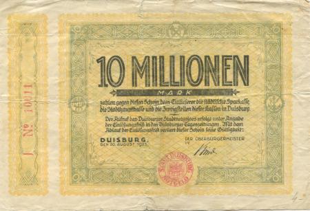 Duisburg - Stadt - 20.8.1923 - 10 Millionen Mark 