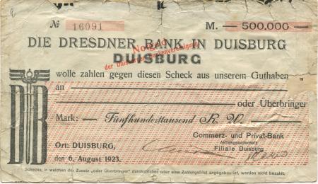 Duisburg - Commerz- und Privat-Bank AG, Filiale Duisburg - 6.8.1923 - 500000 Mark 