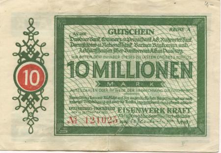 Duisburg-Hochfeld - Kraft, Eisenwerk, Abteilung Niederrheinische Hütte - 15.9.1923 - 10 Millionen Mark 