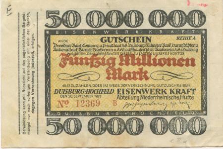 Duisburg-Hochfeld - Kraft, Eisenwerk, Abteilung Niederrheinische Hütte - 20.9.1923 - 50 Millionen Mark 