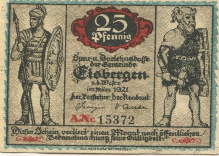 Eisbergen (heute: Porta Westfalica) - Spar- und Darlehnskasse - März 1921 - 25  Pfennig 