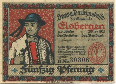 Eisbergen (heute: Porta Westfalica) - Spar- und Darlehnskasse - März 1921 - 50 Pfennig 