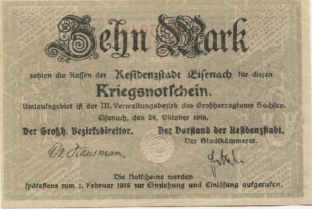Eisenach - Stadt - 24.10.1918 - 1.2.1919 - 10 Mark 