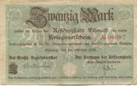 Eisenach - Stadt - 24.10.1918 - 1.2.1919 - 20 Mark 