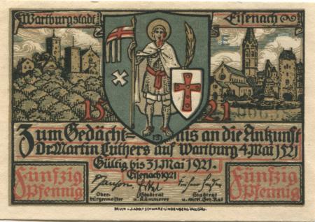 Eisenach - Stadt - - 31.5.1921 - 50 Pfennig 