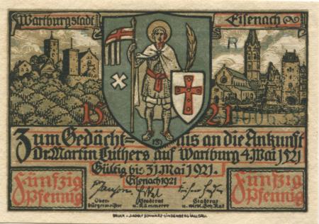 Eisenach - Stadt - - 31.5.1921 - 50 Pfennig 