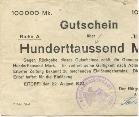 Eitorf - Bürgermeisterei - 22.8.1923 - 100000 Mark 