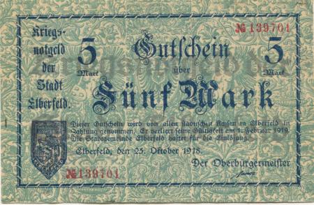 Elberfeld (heute: Wuppertal) - Stadt - 25.10.1918 - 1.2.1919 - 5 Mark 