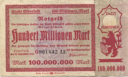 Elberfeld (heute: Wuppertal) - Stadt - 15.9.1923  - 100 Millionen Mark 
