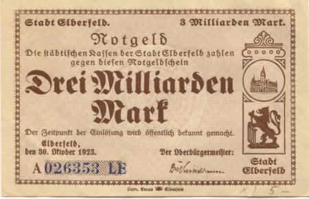 Elberfeld (heute: Wuppertal) - Stadt - 30.10.1923  - 3 Milliarden Mark 