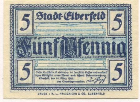 Elberfeld (heute: Wuppertal) - Stadt - 10.3.1920 - 5 Pfennig 