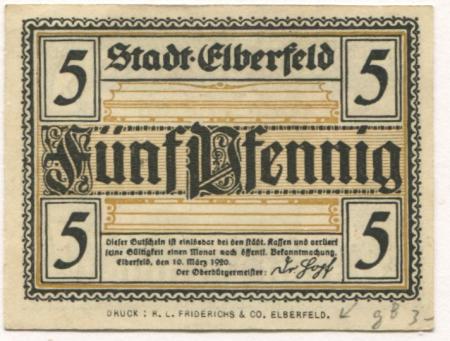 Elberfeld (heute: Wuppertal) - Stadt - 10.3.1920 - 5 Pfennig 