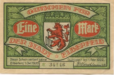 Elberfeld (heute: Wuppertal) - Stadt - 1.10.1920 - 1.2.1922 -1 Mark 
