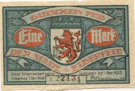 Elberfeld (heute: Wuppertal) - Stadt - 1.10.1920 - 1.2.1922 - 1 Mark 