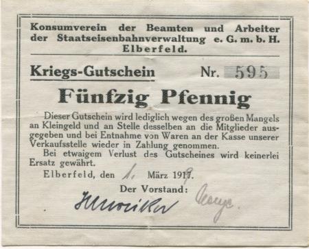 Elberfeld (heute: Wuppertal) - Konsum-Verein der Beamten und Arbeiter der Staatseisenbahnverwaltung eGmbH - 1.3.1919 - 50 Pfennig 