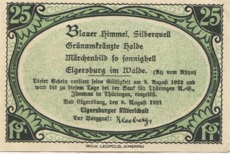 Elgersburg (Bad) -Elgersburger Ritterschaft - 8.8.1921 - 8.8.1922 - 25 Pfennig 