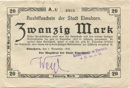 Elmshorn -Kredit-Verein eGmuH - 7.11.1918 - 31.12.1918 - 20 Mark 