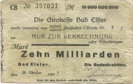 Elster (Bad) - Badedirektion - 26.10.1923 - 10 Milliarden Mark 