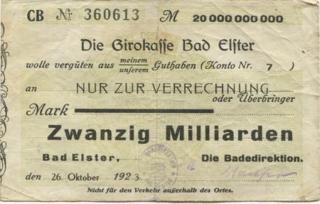 Elster (Bad) - Badedirektion - 26.10.1923 - 20 Milliarden Mark 