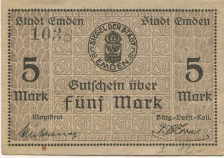 Emden - Stadt - - 1.2.1919 - 5 Mark 