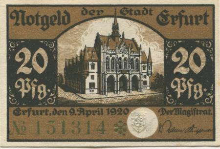 Erfurt - Stadt - 9.4.1920 - 20 Pfennig 