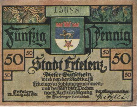 Erkekenz - Stadt - 22.8.1921 - 50 Pfennig 