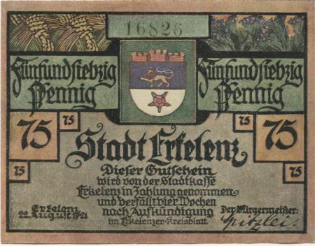 Erkekenz - Stadt - 22.8.1921 - 75 Pfennig 