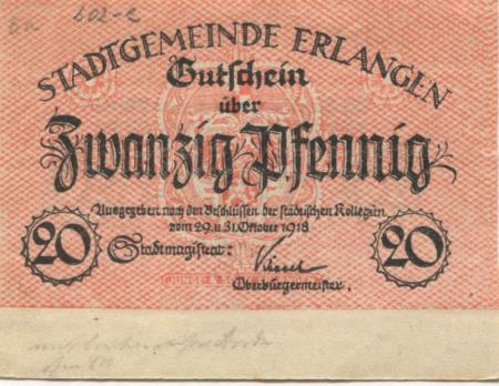 Erlangen - Stadt - 29., 31.10.1918 - 20 Pfennig 