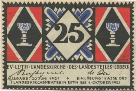 Eutin - Evangelisch-Lutherische Landeskirche des Landesteiles Lübeck - 1.10.1921 - 25 Pfennig 